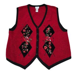 Koret Women's Red Floral Embroidered Sweater Knitted Vest V Neck Size PL Vintage